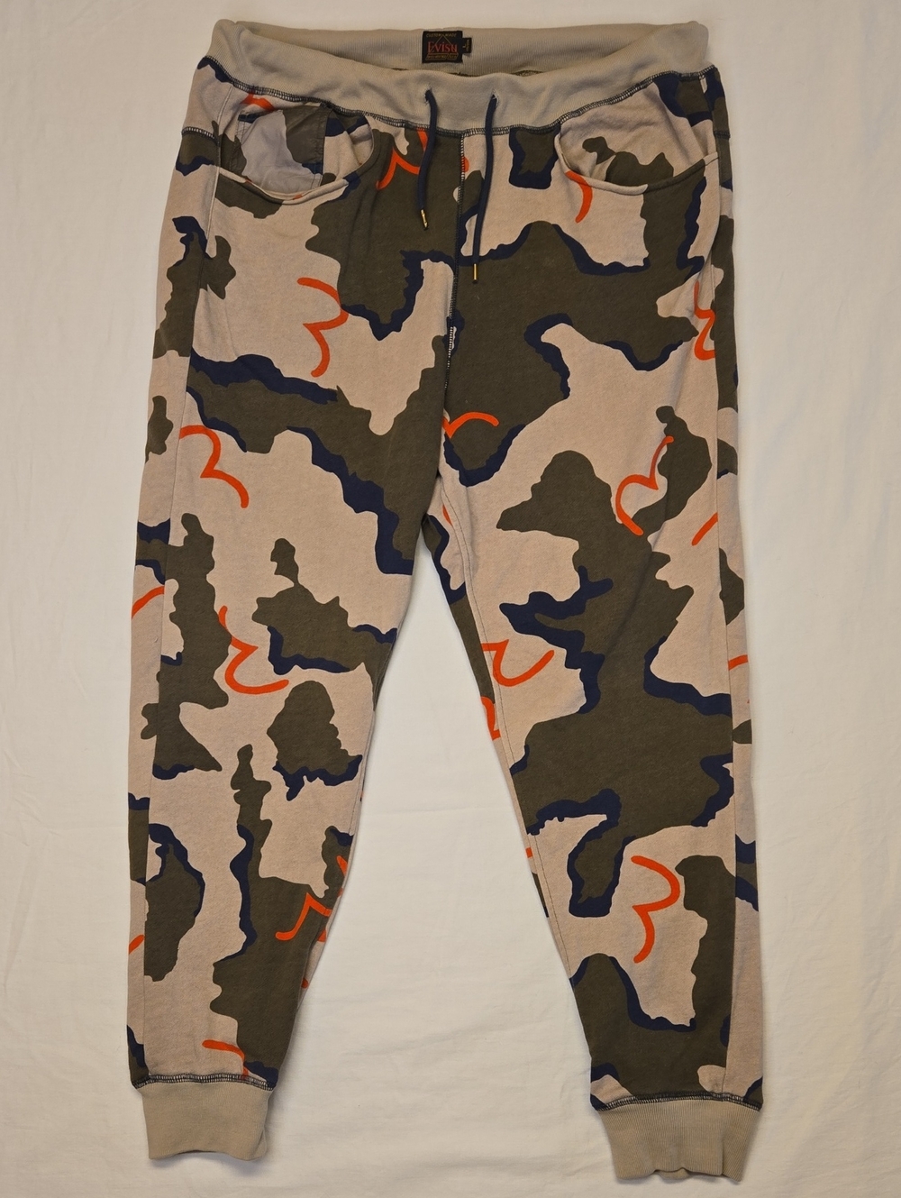 Evisu Camouflage Multi Logo Jogger Sweatpants in Olive, Tan & Navy And Red Y2K
